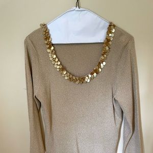 August Silk gold metallic silk blend knit top embellished with gold sequins